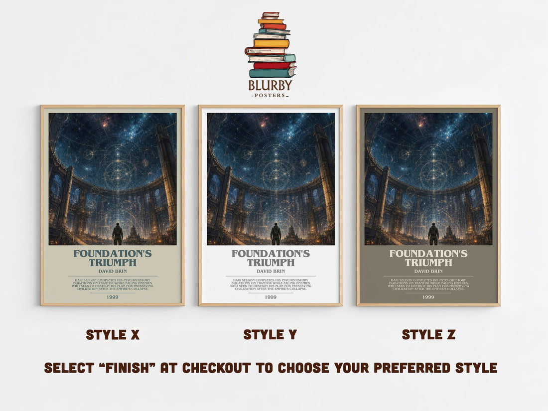 Foundation's Triumph bookish print in frame leaning in hallway – sci fi wall art (mockup)