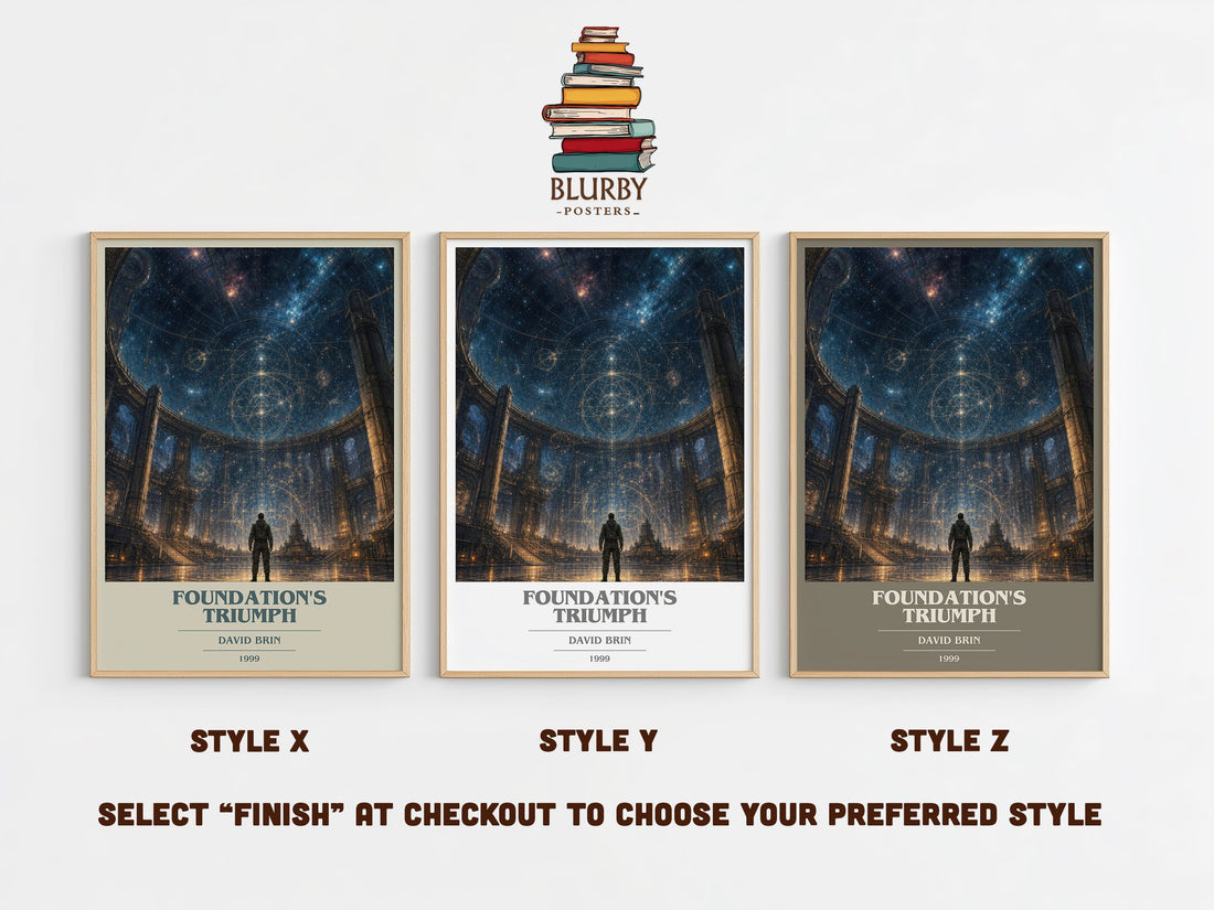 Foundation's Triumph book cover print in frame leaning in hallway – sci fi wall art (mockup)