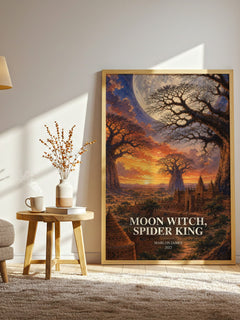 Moon Witch, Spider King watercolour print in frame leaning in hallway – fantasy wall art