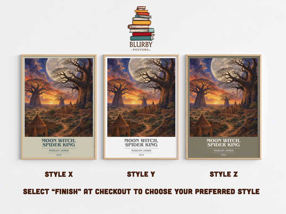 Moon Witch, Spider King book cover print in frame leaning in hallway – fantasy wall art (mockup)
