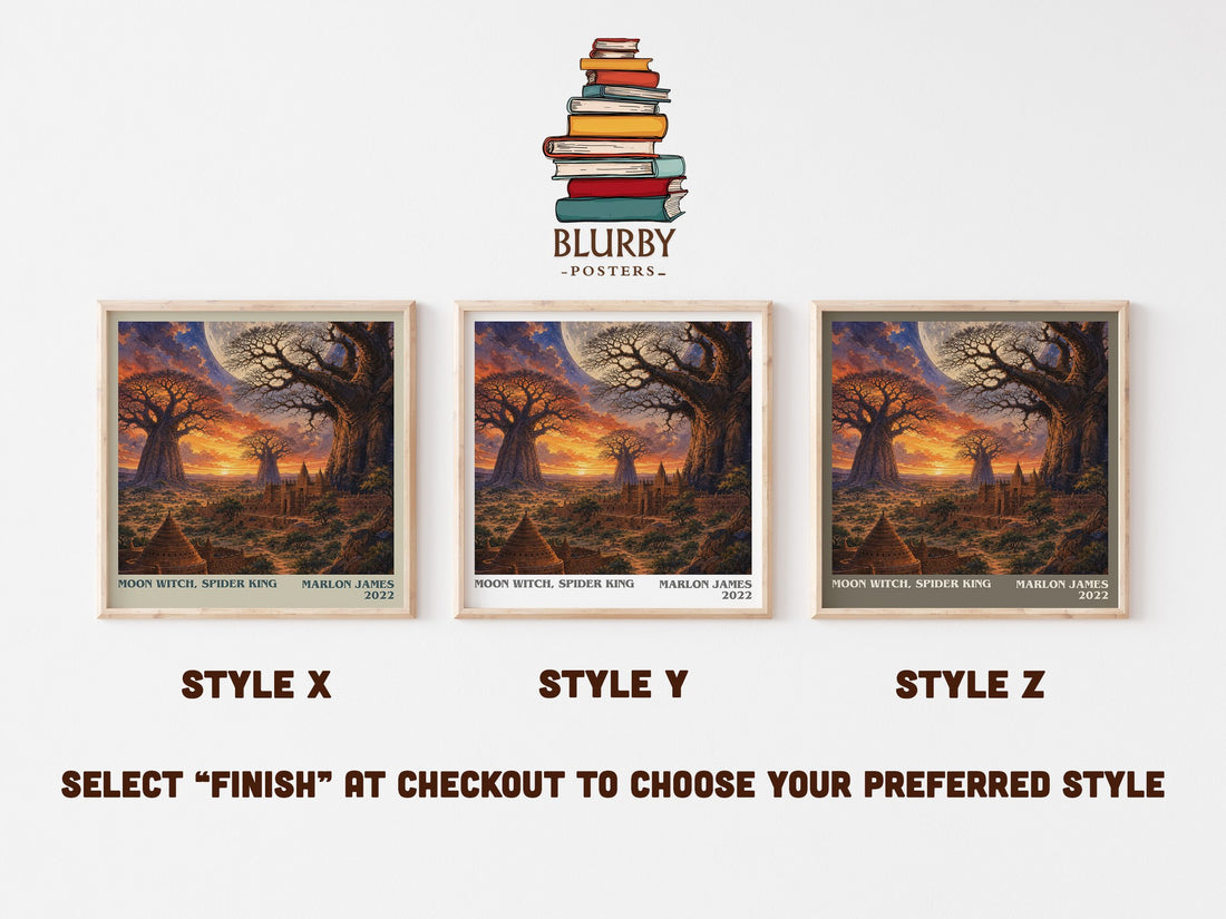 Moon Witch, Spider King literary print in frame leaning in hallway – fantasy wall art (mockup)