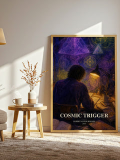 Cosmic Trigger watercolour print in frame leaning in hallway – non fiction wall art