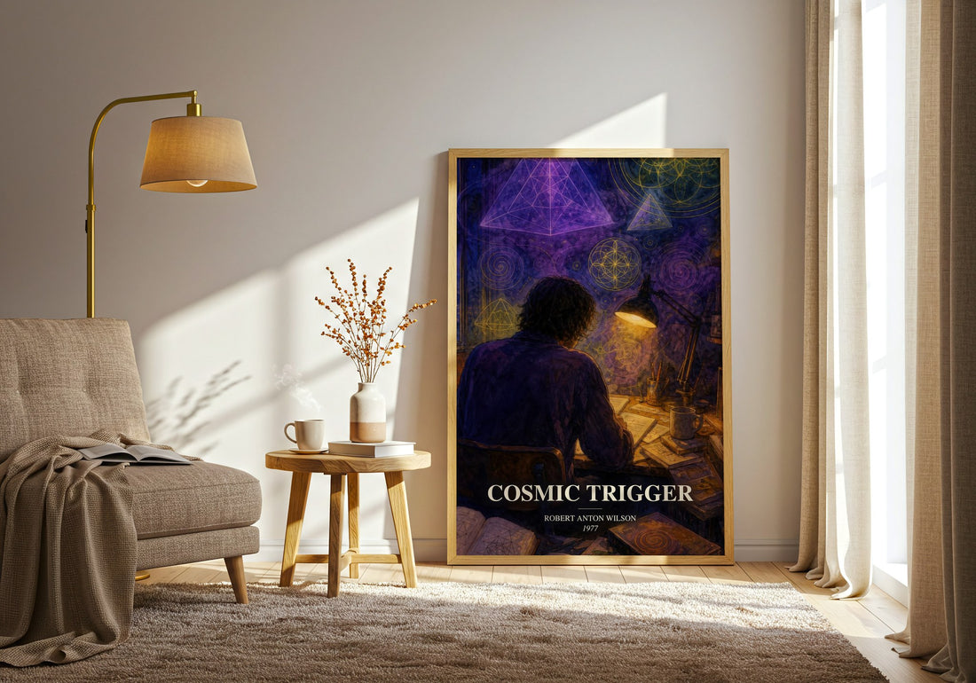 Cosmic Trigger watercolour print in frame leaning in hallway – non fiction wall art