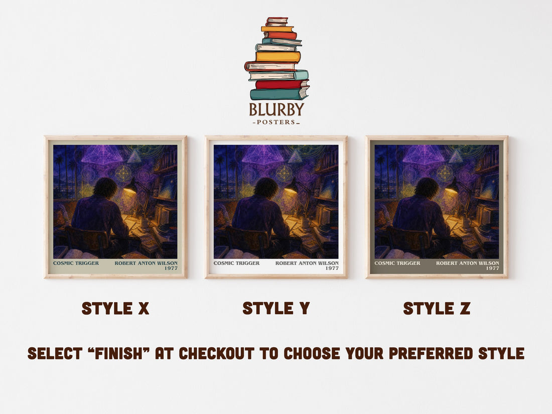 Cosmic Trigger literary print in frame leaning in hallway – non fiction wall art (mockup)