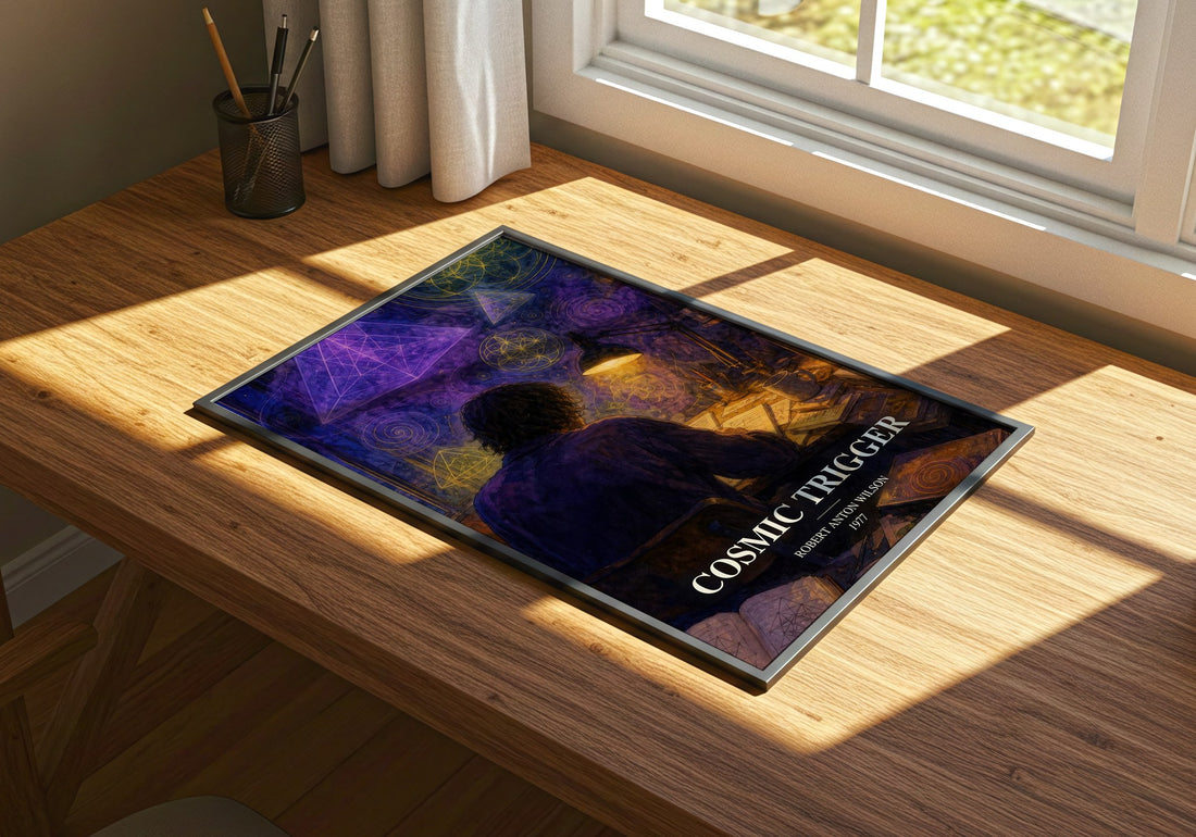 Cosmic Trigger watercolour book poster framed on wall – non fiction wall art