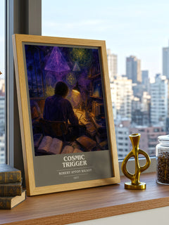 Cosmic Trigger book cover print framed by window – literary home decor