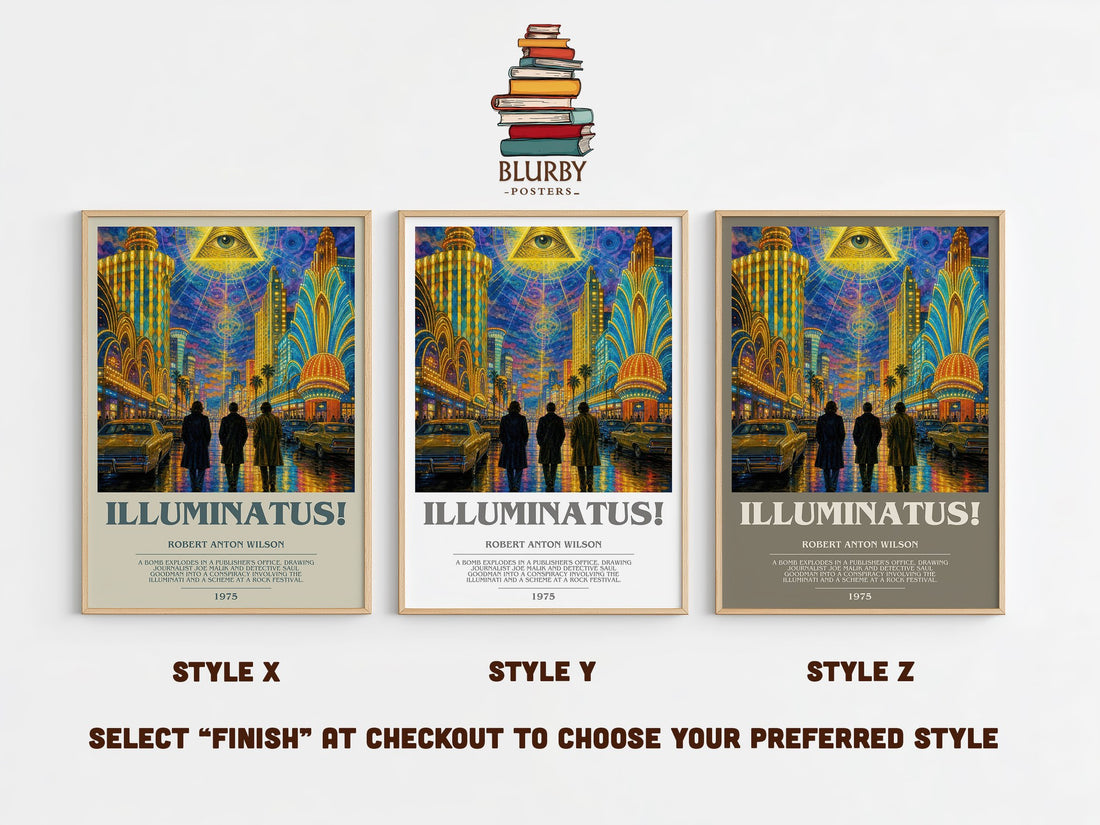 Illuminatus! bookish print in frame leaning in hallway – sci fi wall art (mockup)