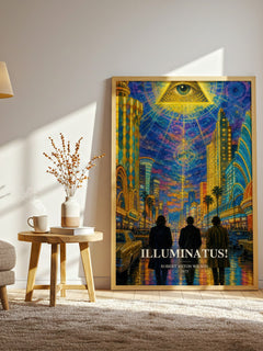 Illuminatus! watercolour print in frame leaning in hallway – sci fi wall art