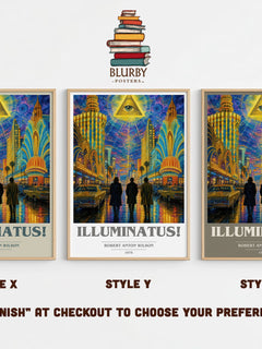 Illuminatus! book cover print in frame leaning in hallway – sci fi wall art