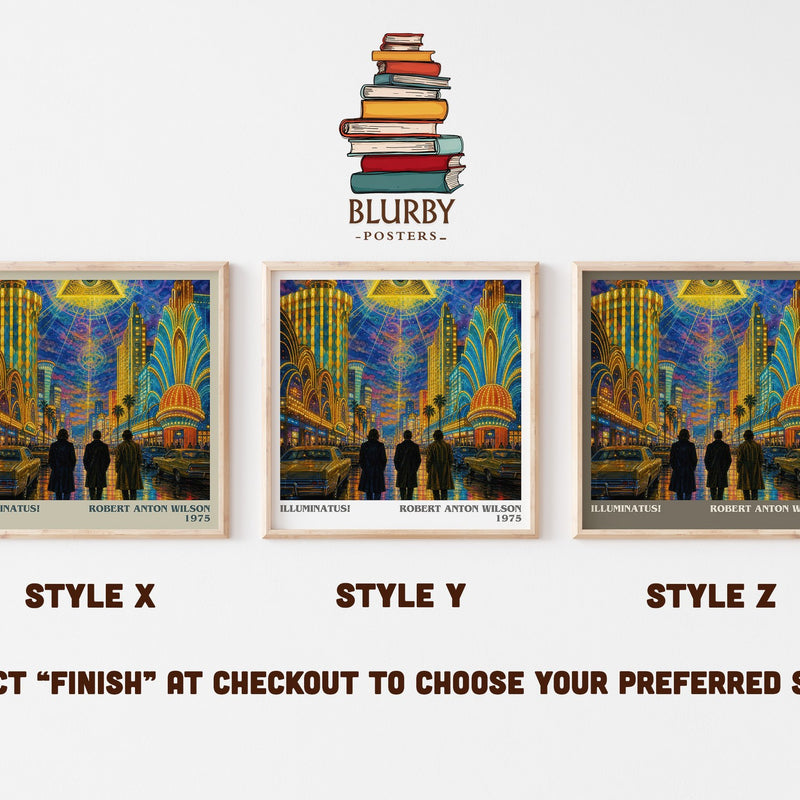 Illuminatus! literary print in frame leaning in hallway – sci fi wall art
