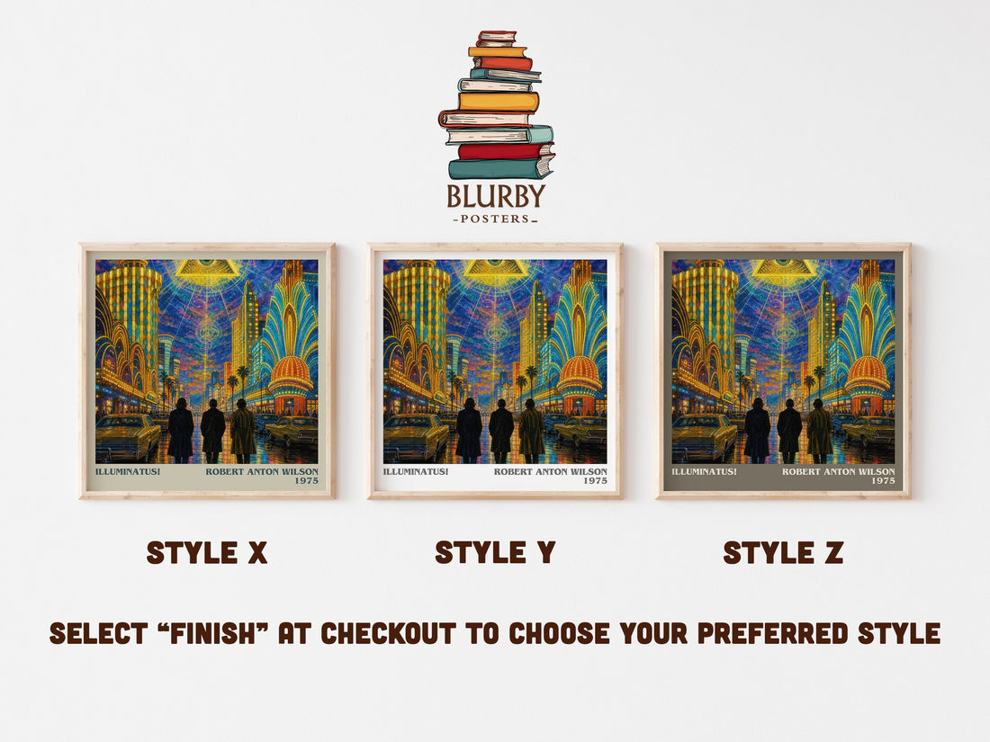 Illuminatus! literary print in frame leaning in hallway – sci fi wall art (mockup)