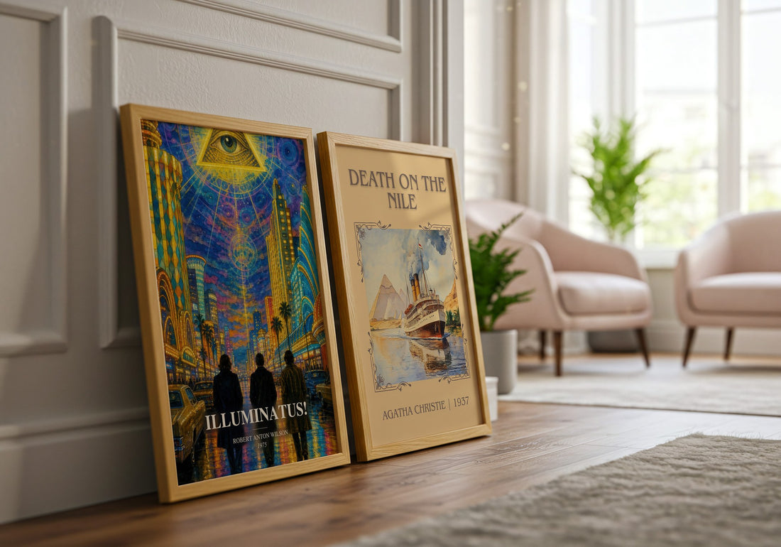 Illuminatus! watercolour print framed by window – literary home decor