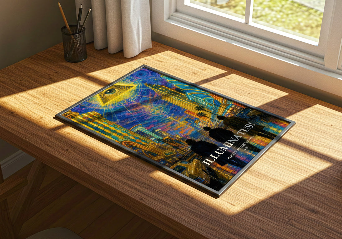 Illuminatus! watercolour book poster framed on wall – sci fi wall art