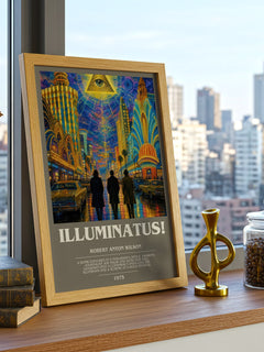 Illuminatus! bookish print framed by window – literary home decor