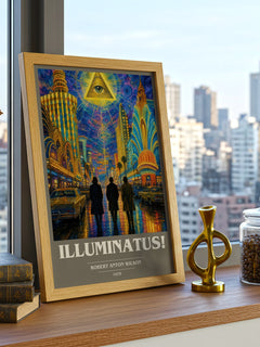 Illuminatus! book cover print framed by window – literary home decor