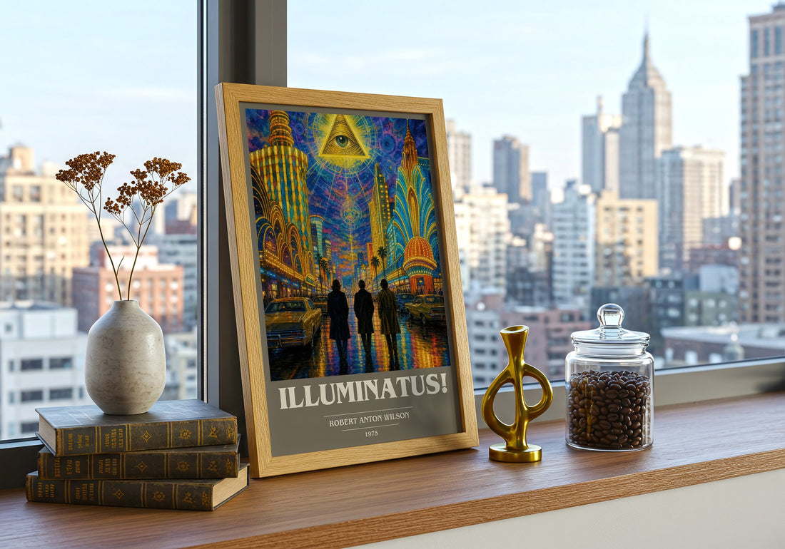 Illuminatus! book cover print framed by window – literary home decor
