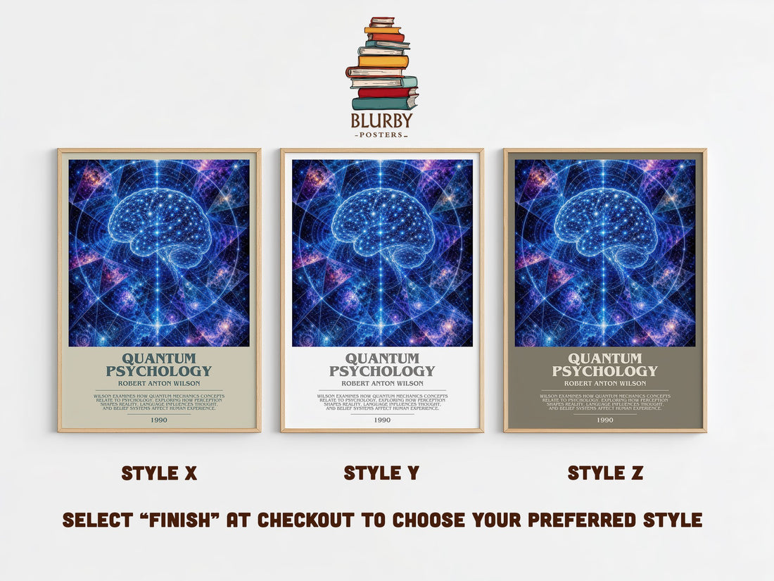 Quantum psychology bookish print in frame leaning in hallway – philosophy wall art (mockup)