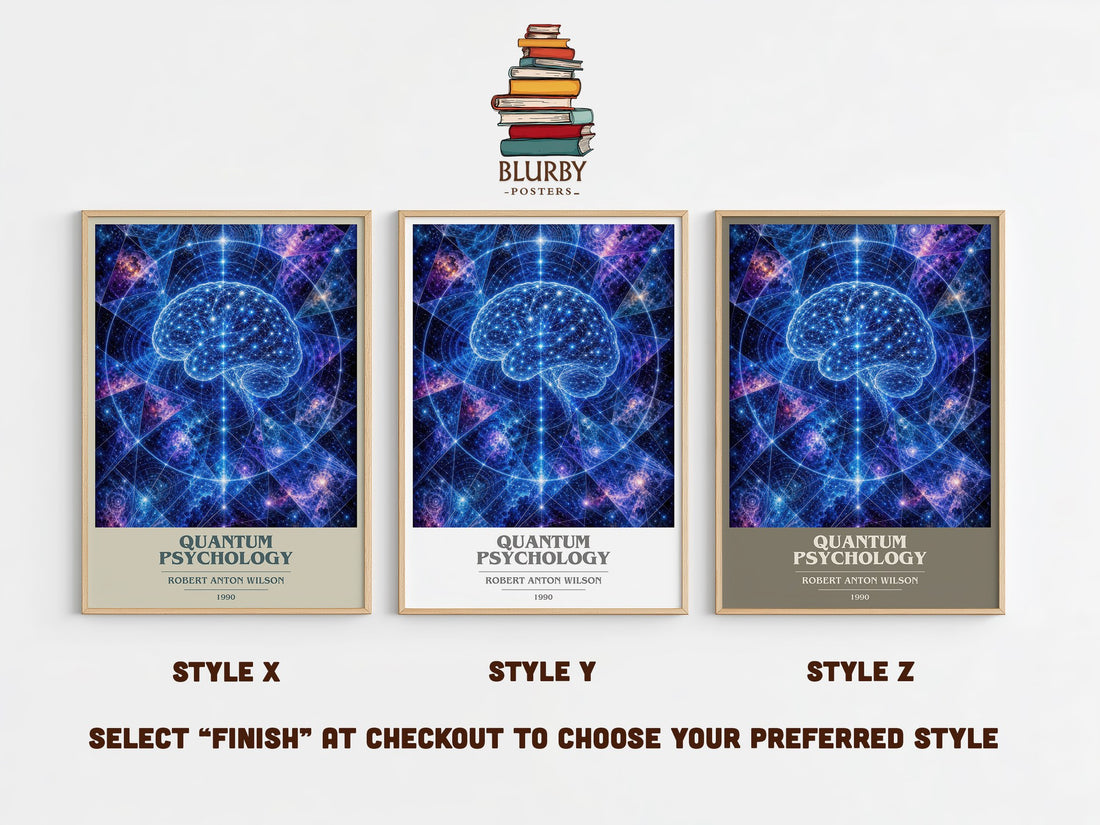 Quantum psychology book cover print in frame leaning in hallway – philosophy wall art (mockup)