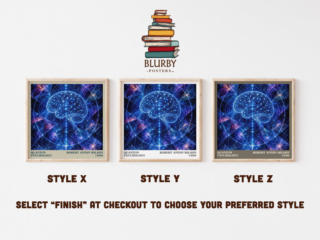 Quantum psychology literary print in frame leaning in hallway – philosophy wall art (mockup)
