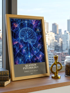 Quantum psychology book cover print framed by window – literary home decor