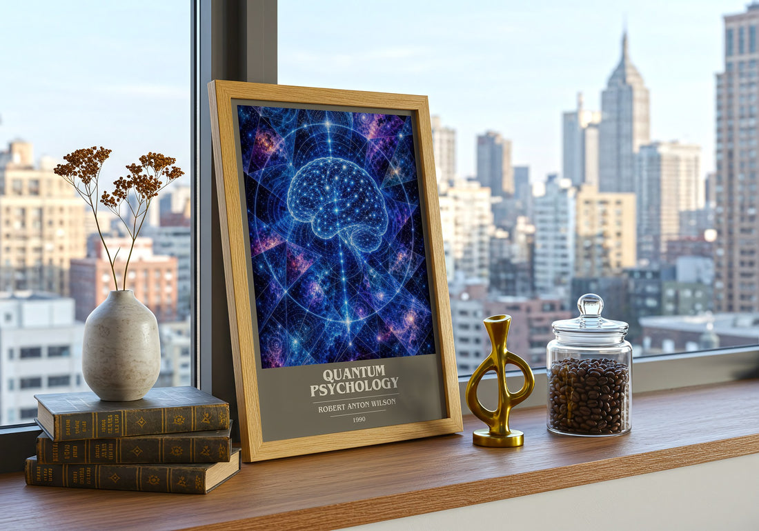 Quantum psychology book cover print framed by window – literary home decor