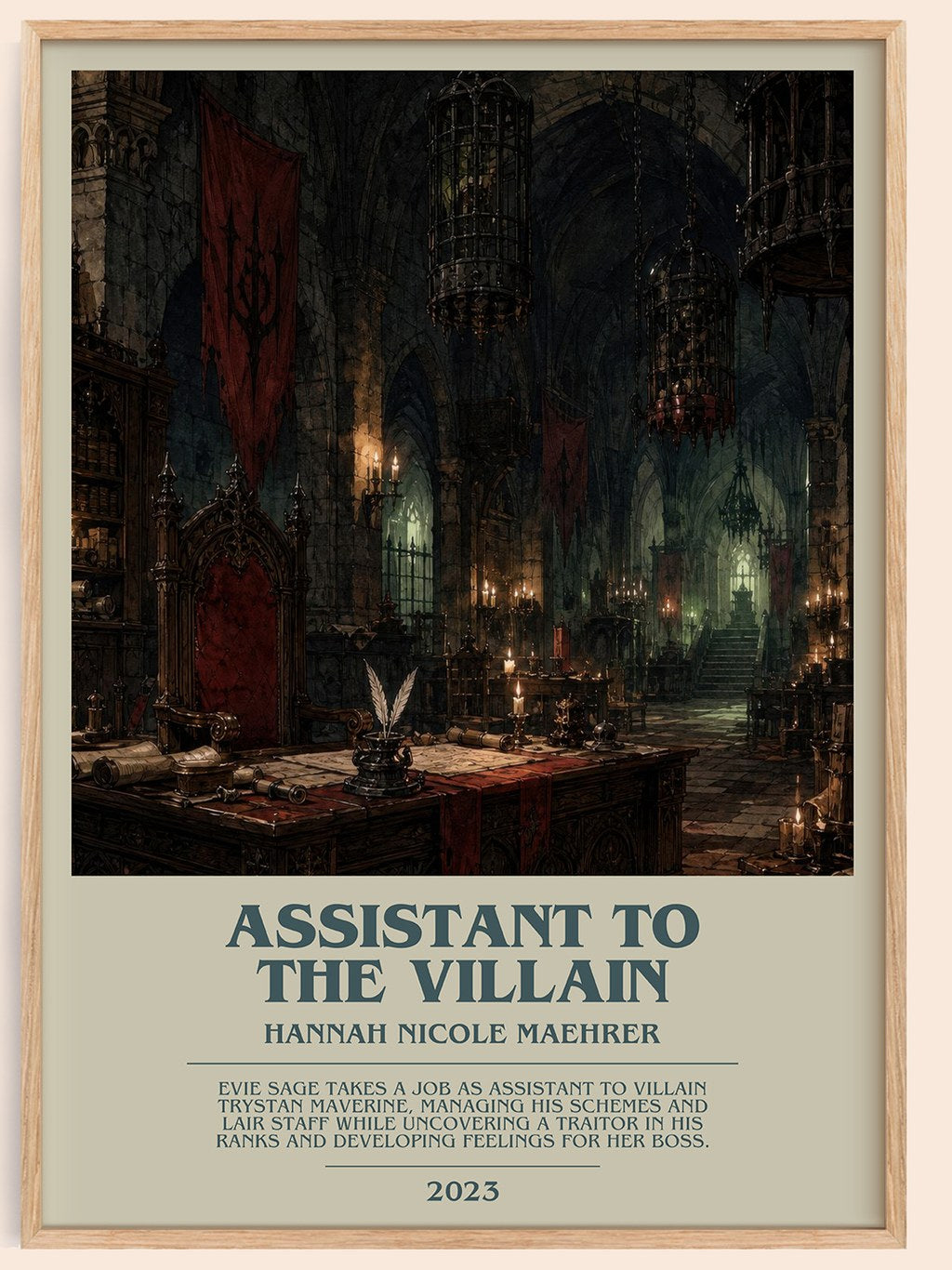 Assistant to the Villain bookish book poster by Hannah Nicole Maehrer – framed literary art print