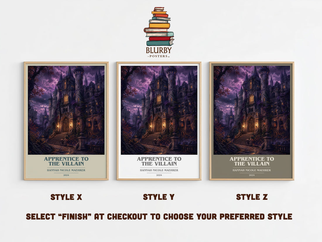 Apprentice to the Villain book cover print in frame leaning in hallway – fantasy wall art (mockup)