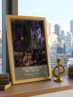 Accomplice to the Villain book cover print framed by window – literary home decor