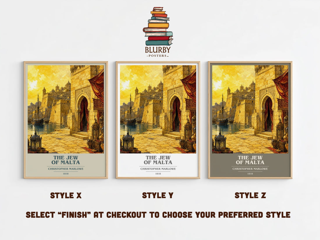 The Jew of Malta book cover print in frame leaning in hallway – classic literature wall art (mockup)