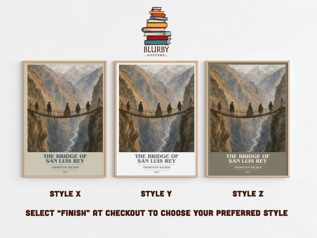 The Bridge of San Luis Rey book cover print in frame leaning in hallway – literary fiction wall art (mockup)
