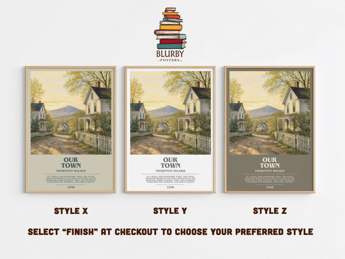 Our town bookish print in frame leaning in hallway – literary fiction wall art (mockup)