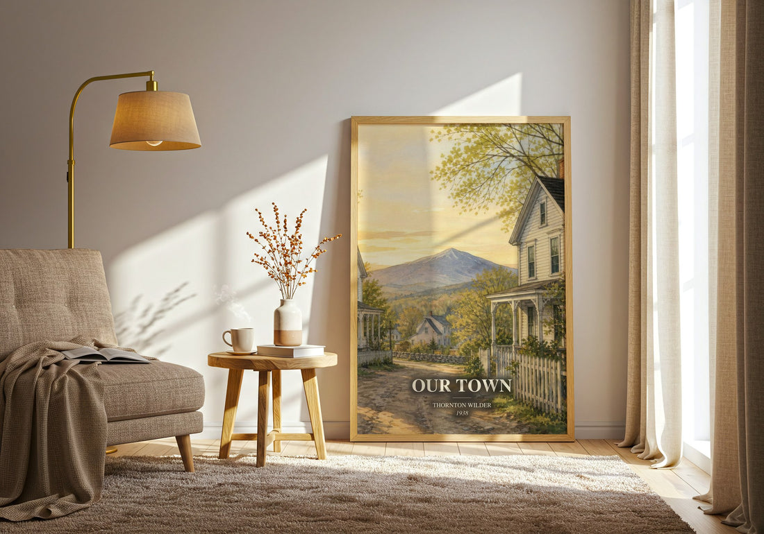 Our town watercolour print in frame leaning in hallway – literary fiction wall art