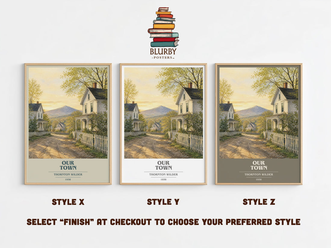 Our town book cover print in frame leaning in hallway – literary fiction wall art (mockup)