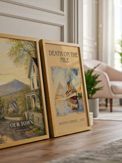 Our town watercolour print framed by window – literary home decor
