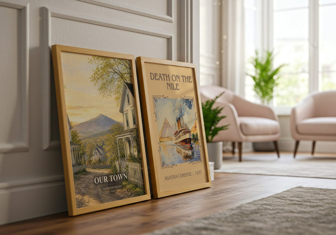 Our town watercolour print framed by window – literary home decor