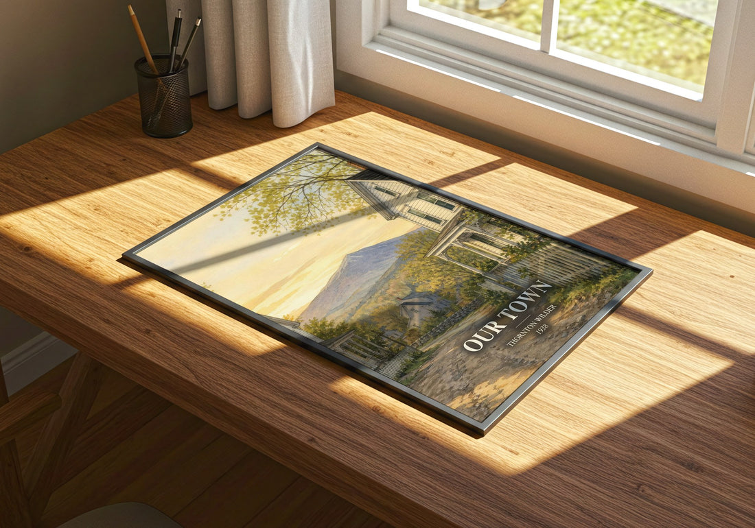 Our town watercolour book poster framed on wall – literary fiction wall art