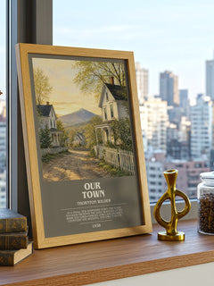 Our town bookish print framed by window – literary home decor