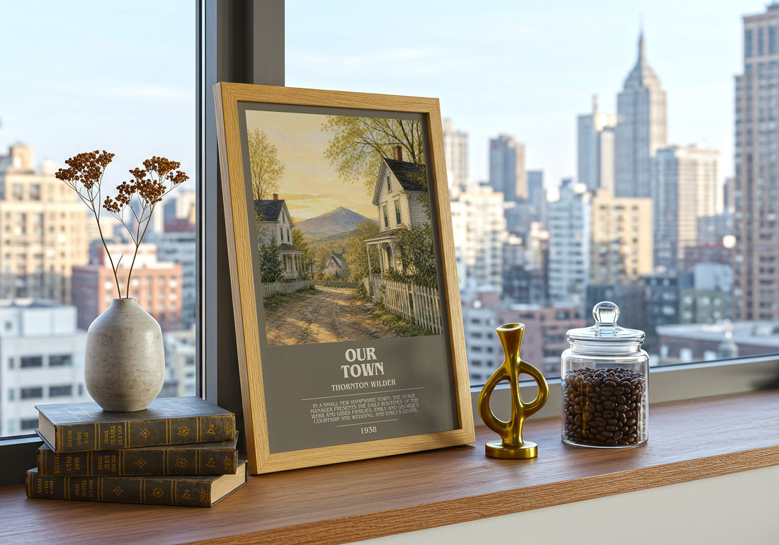 Our town bookish print framed by window – literary home decor