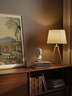 Our town watercolour print on bookshelf – Thornton Wilder fan gift