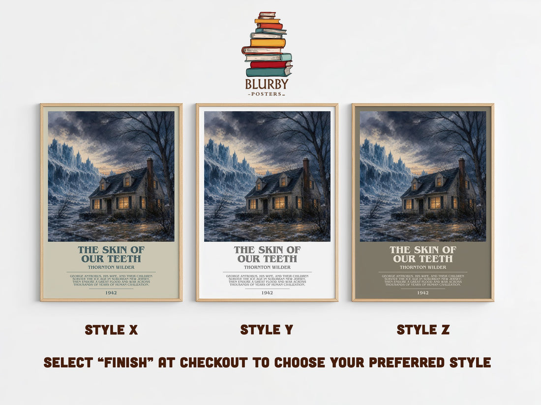 The skin of our teeth bookish print in frame leaning in hallway – literary fiction wall art (mockup)