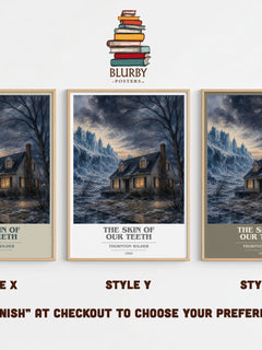 The skin of our teeth book cover print in frame leaning in hallway – literary fiction wall art