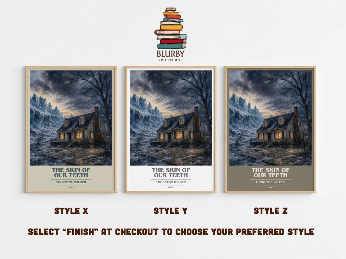 The skin of our teeth book cover print in frame leaning in hallway – literary fiction wall art (mockup)