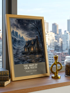 The skin of our teeth book cover print framed by window – literary home decor