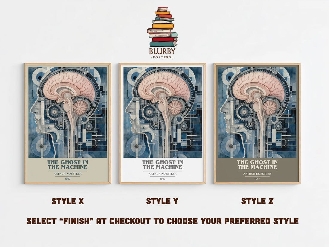 The ghost in the machine book cover print in frame leaning in hallway – philosophy wall art (mockup)
