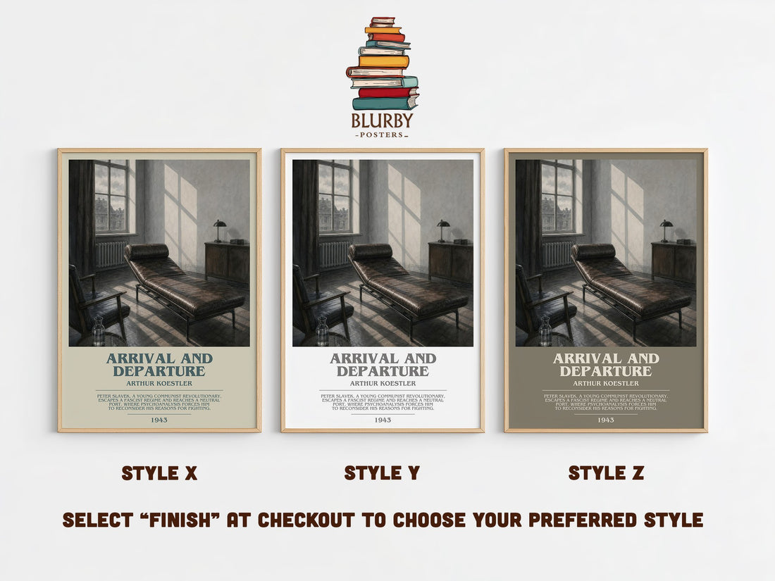 Arrival and Departure bookish print in frame leaning in hallway – literary fiction wall art (mockup)