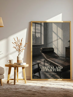 Arrival and Departure watercolour print in frame leaning in hallway – literary fiction wall art