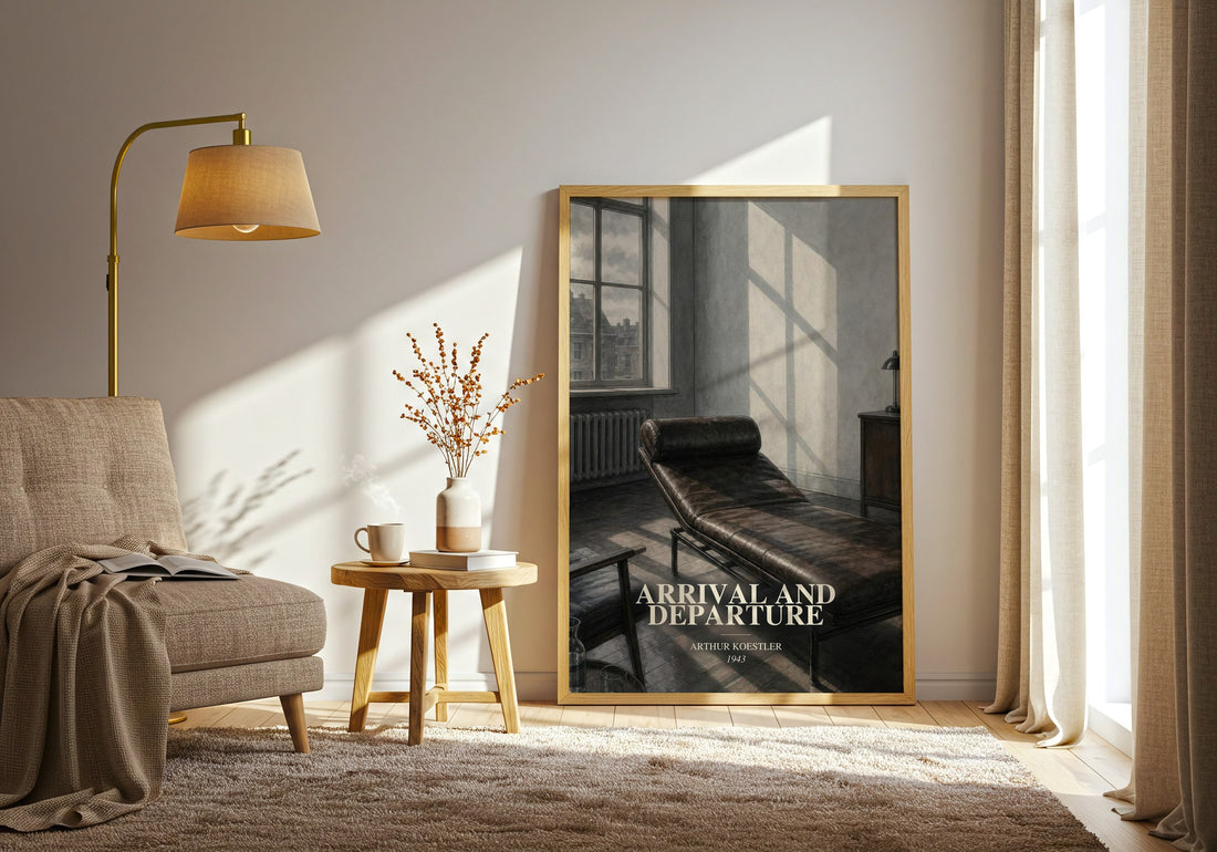 Arrival and Departure watercolour print in frame leaning in hallway – literary fiction wall art