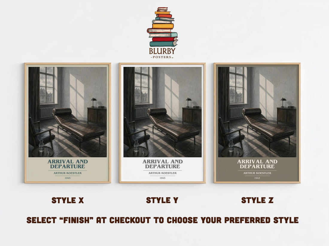 Arrival and Departure book cover print in frame leaning in hallway – literary fiction wall art (mockup)