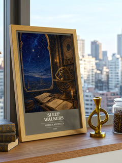 Sleep walkers book cover print framed by window – literary home decor