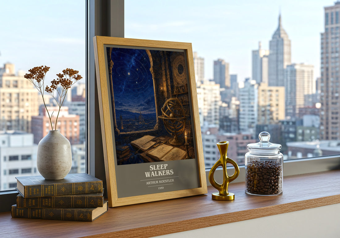 Sleep walkers book cover print framed by window – literary home decor